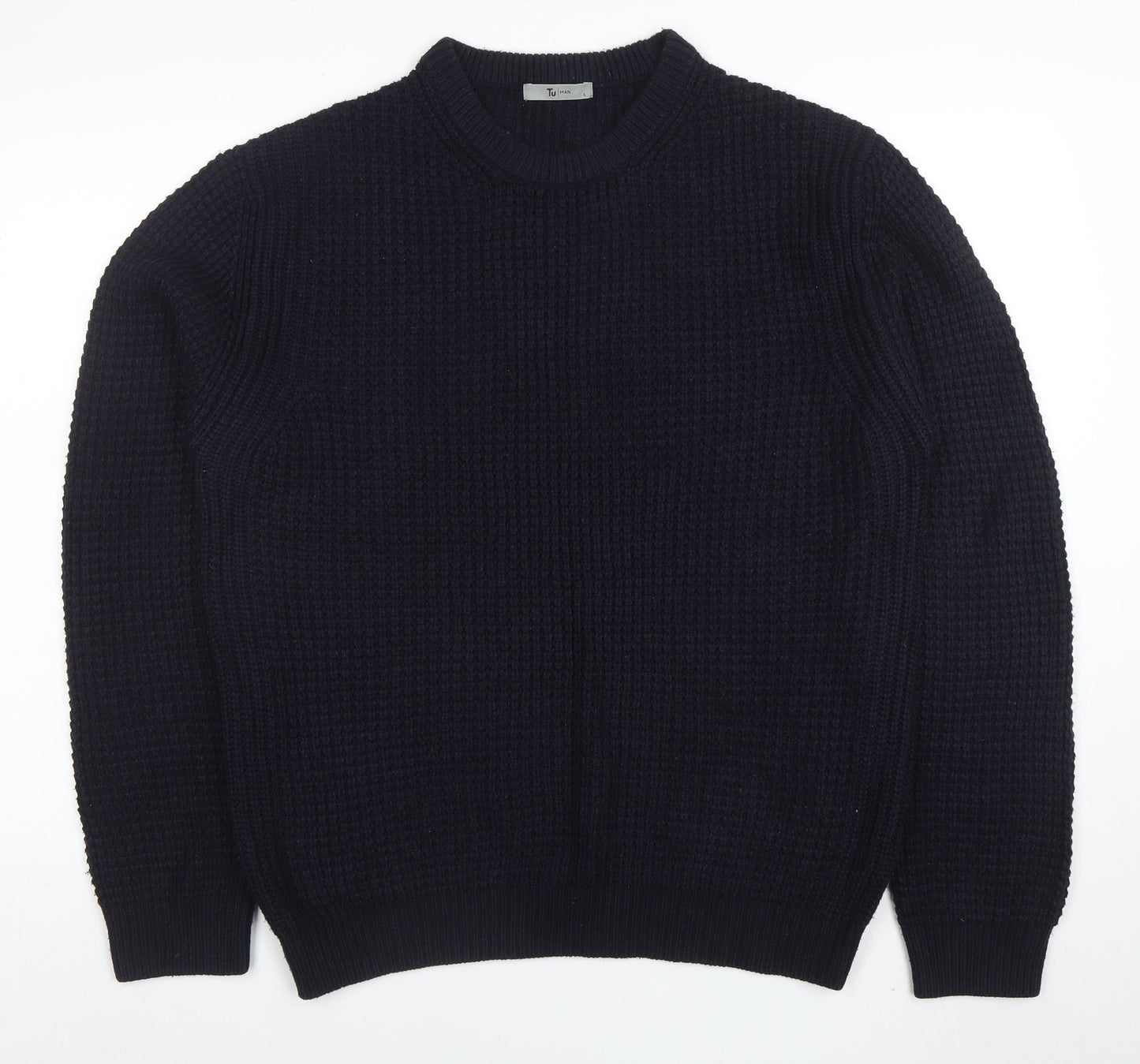 Tu Men Black Waffle-Knit Acrylic Crew Neck Jumper Size L