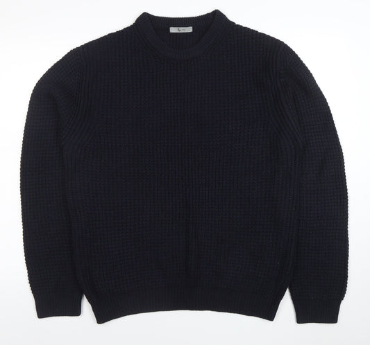 Tu Men Black Waffle-Knit Acrylic Crew Neck Jumper Size L
