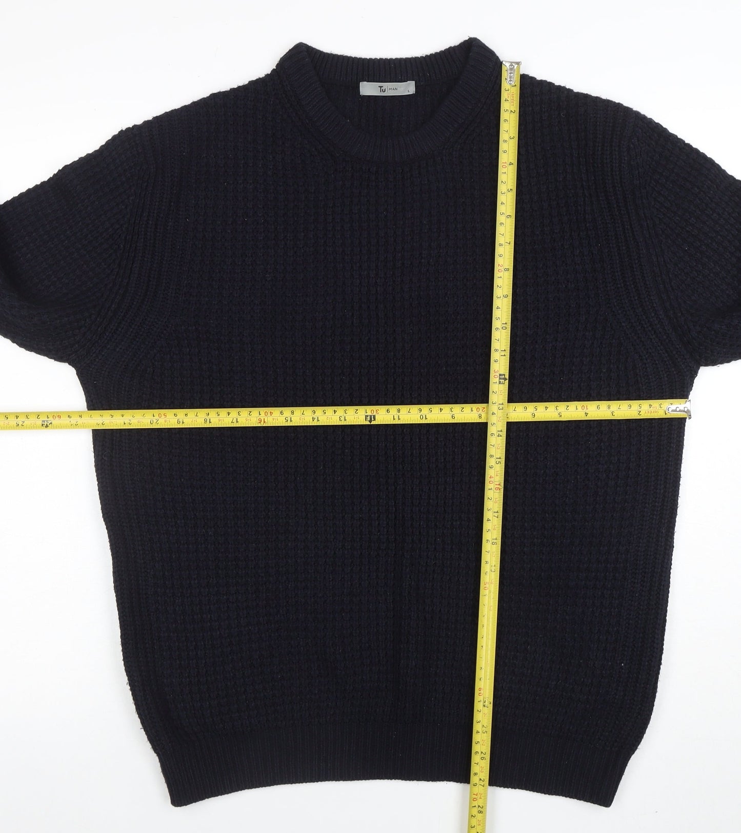 Tu Men Black Waffle-Knit Acrylic Crew Neck Jumper Size L