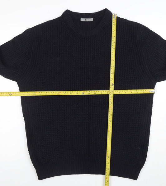 Tu Men Black Waffle-Knit Acrylic Crew Neck Jumper Size L