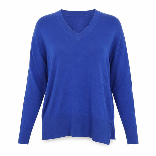 Front view of Lands’ End Women Blue V-Neck Lightweight Cotton Blend Jumper, size S