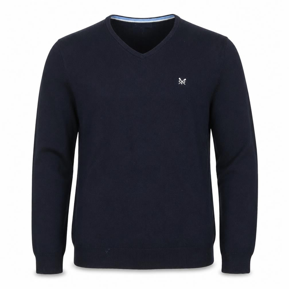 Front view of Crew Clothing Men Blue L V-Neck Cotton Cashmere Jumper