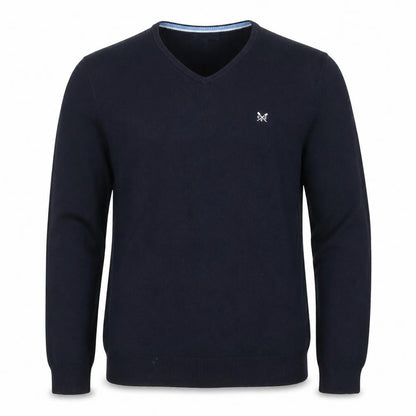 Front view of Crew Clothing Men Blue L V-Neck Cotton Cashmere Jumper
