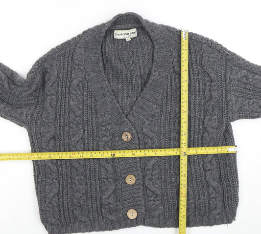 Collezione Gaia Women's Grey Chunky Knit V-Neck Button Cardigan S