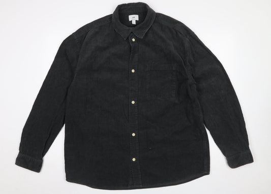 H&M Mens Black Corduroy Button-Up Shirt L Relaxed Fit Casual