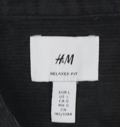 H&M Mens Black Corduroy Button-Up Shirt L Relaxed Fit Casual