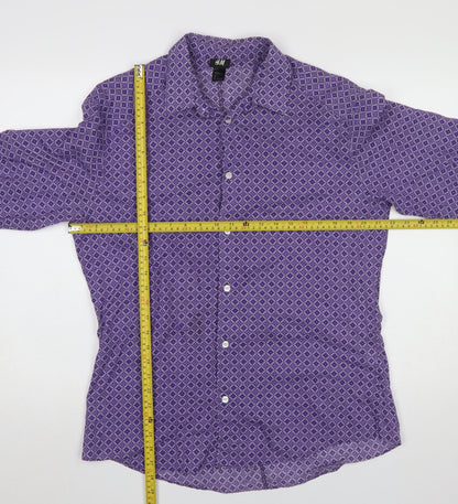 H&M Men’s Purple Geometric Long Sleeve Cotton Button-Up Shirt Size L