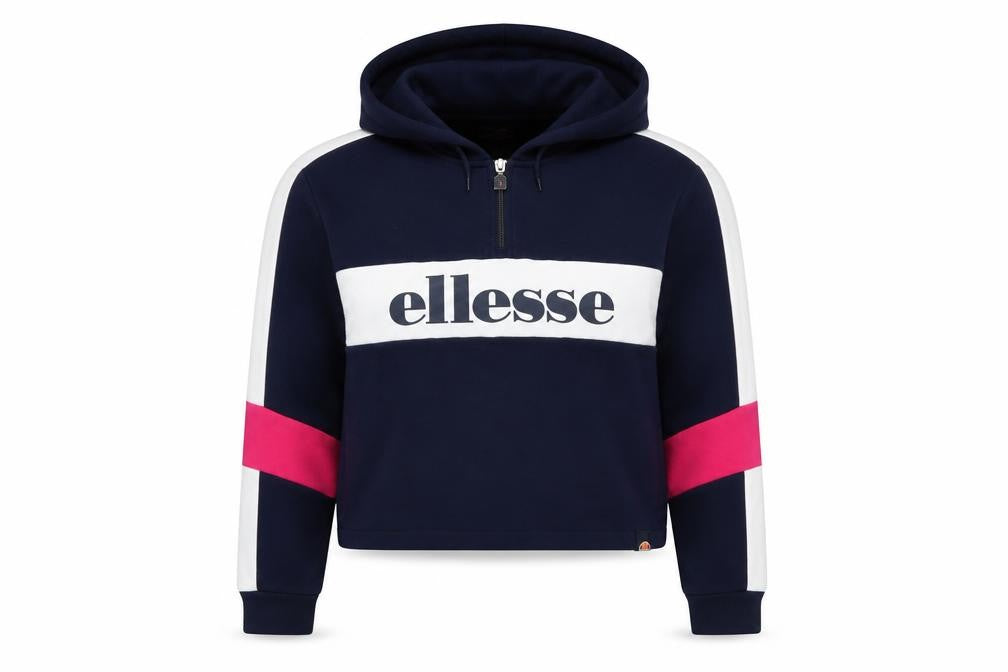 Front view of Ellesse girls’ blue white pink 1/2 zip colourblock hoodie 13-14 years