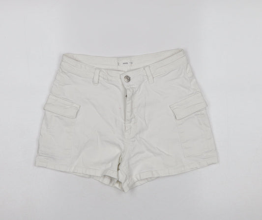 MNG Women Ivory Cargo Shorts Size M Cotton Twill Stretch Casual