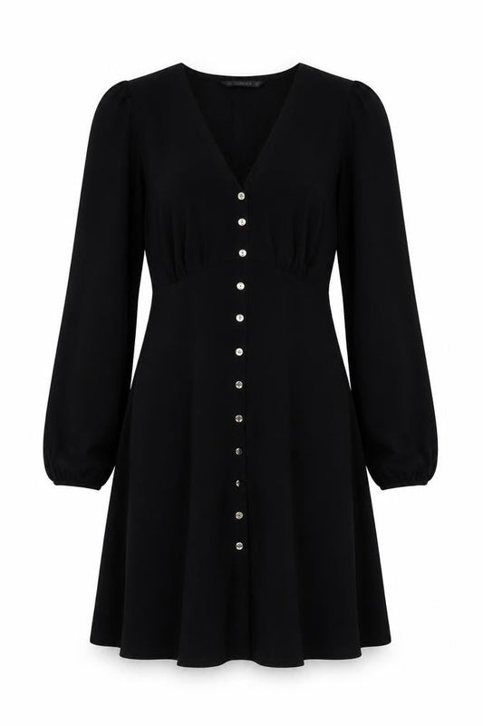 Front view of Dunnes Women's Black A-Line Button Front Dress, size 10