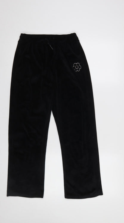 Dunnes Stores Girls Black Velour Sweatpants 25in Waist - Flower Detail