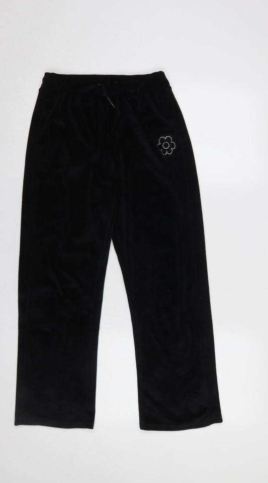 Dunnes Stores Girls Black Velour Sweatpants 25in Waist - Flower Detail