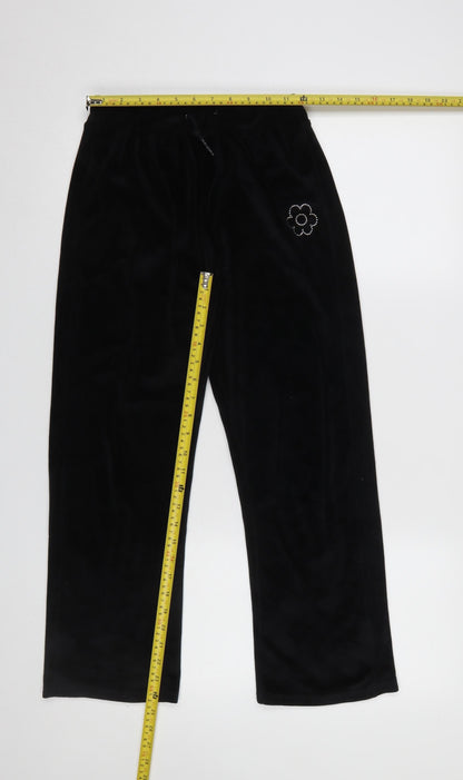 Dunnes Stores Girls Black Velour Sweatpants 25in Waist - Flower Detail