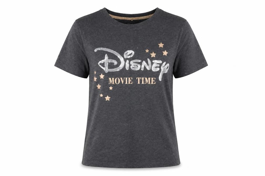 Front view of Disney girls’ charcoal grey xs graphic 'movie time' short sleeve t-shirt