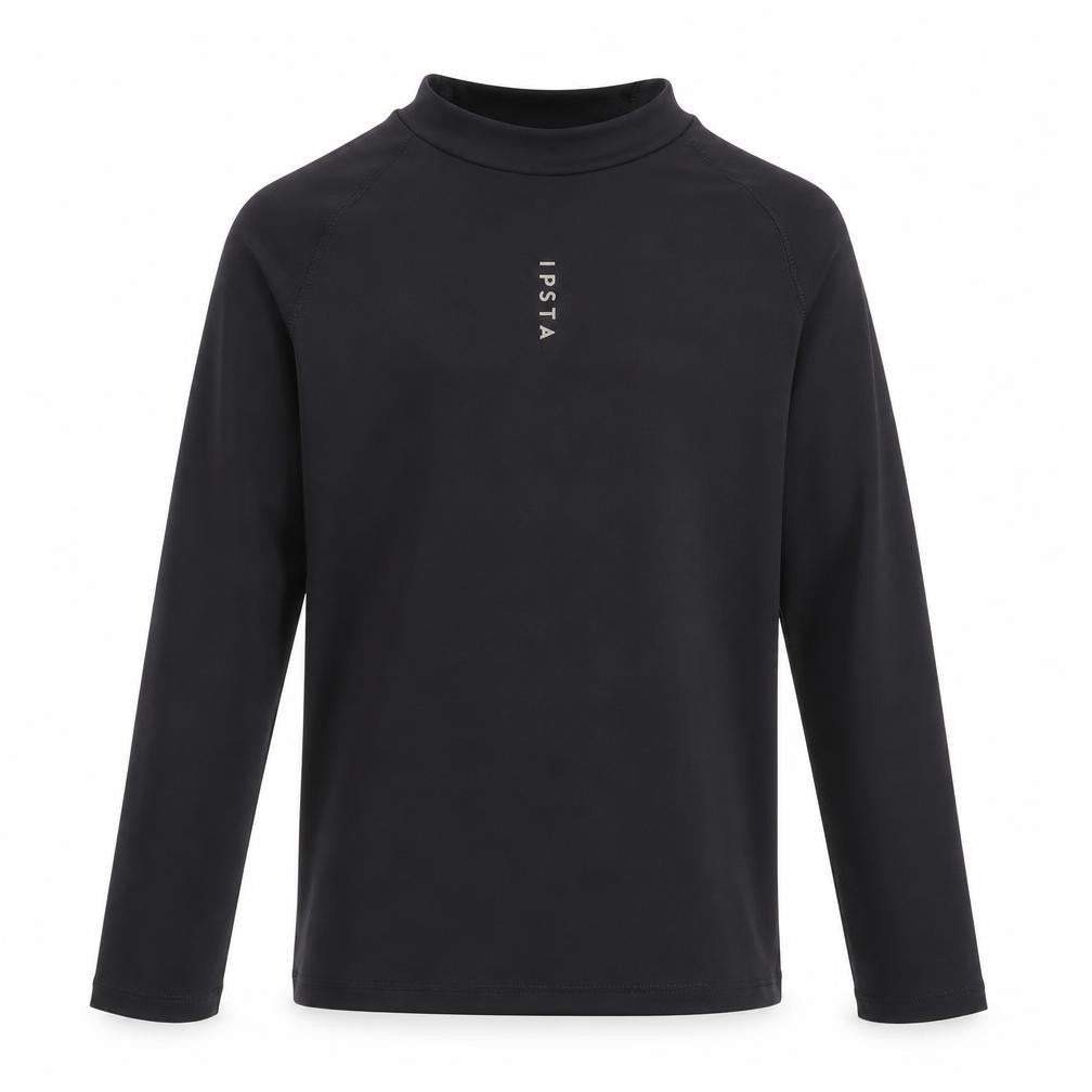 Front view of Kipsta girls’ black long sleeve mock neck activewear top 10-11 years
