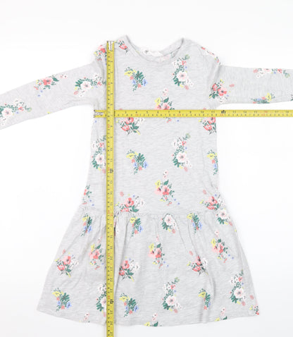 H&M Girls Grey Floral Long Sleeve Skater Dress 7-8 Years Cotton Blend