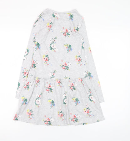 H&M Girls Grey Floral Long Sleeve Skater Dress 7-8 Years Cotton Blend