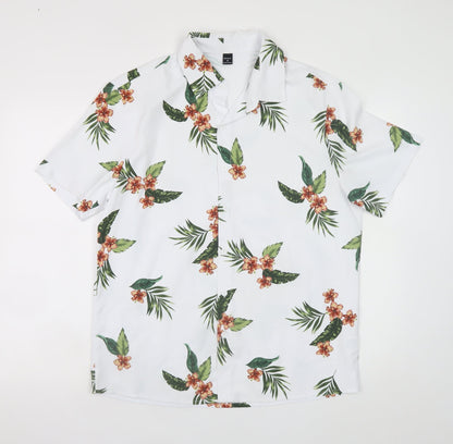 MANFINITY Men's White Tropical Floral Short Sleeve Button-Up Shirt M