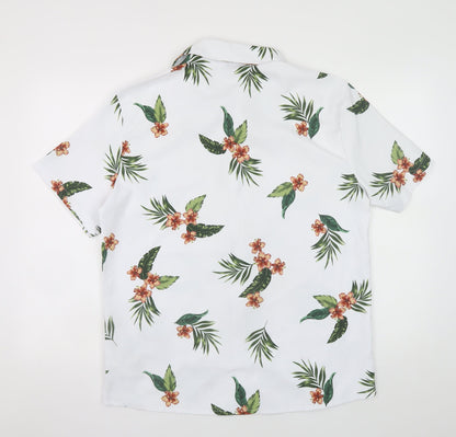MANFINITY Men's White Tropical Floral Short Sleeve Button-Up Shirt M