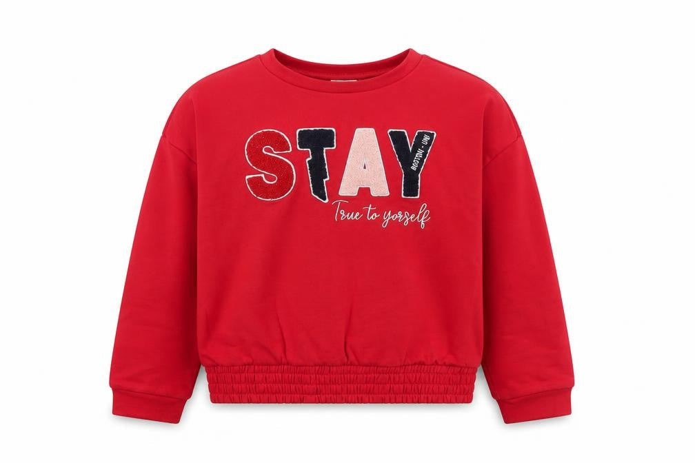 Front view of OVS girls’ red pullover sweatshirt 12-13 years crew neck sequin graphic print