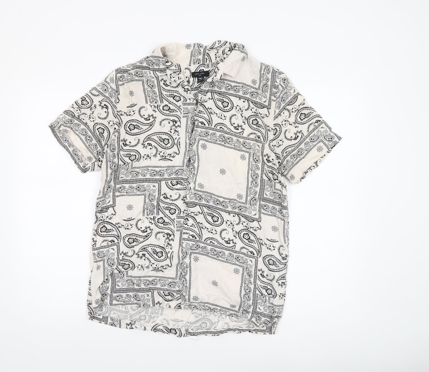 New Look Men White Paisley Short Sleeve Button-Up Viscose Shirt Size M