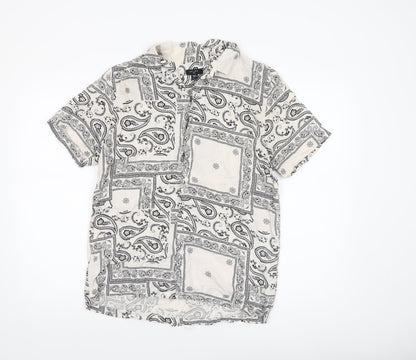 New Look Men White Paisley Short Sleeve Button-Up Viscose Shirt Size M