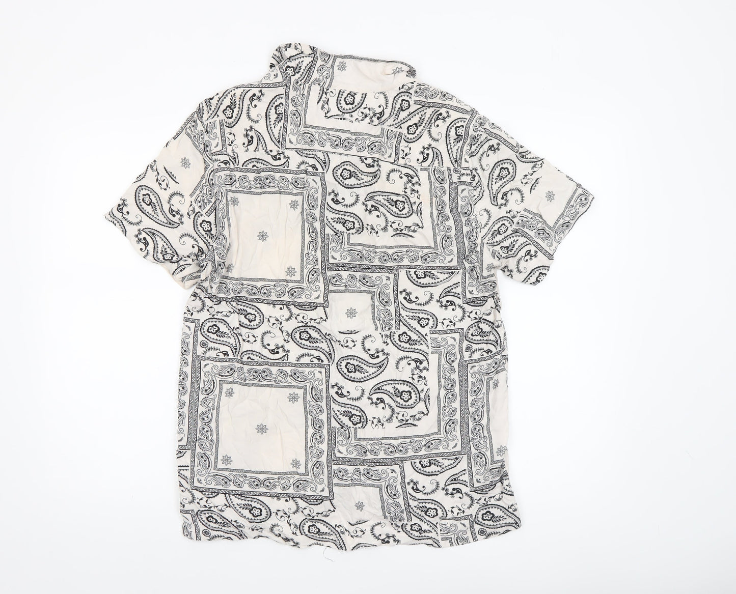 New Look Men White Paisley Short Sleeve Button-Up Viscose Shirt Size M