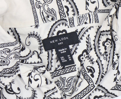 New Look Men White Paisley Short Sleeve Button-Up Viscose Shirt Size M