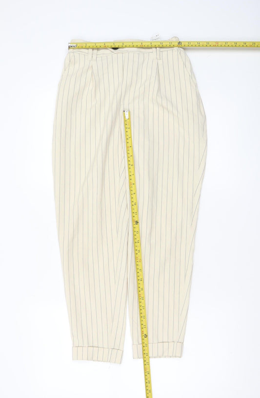 Bershka Women Beige Striped Chino Trousers Size 8 Tapered Fit