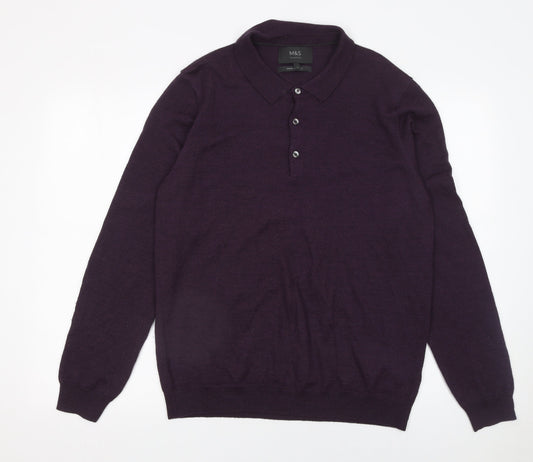 Marks and Spencer Men’s Purple Wool Blend Long Sleeve Polo - Size L