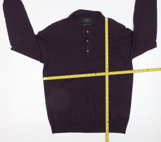 Marks and Spencer Men’s Purple Wool Blend Long Sleeve Polo - Size L