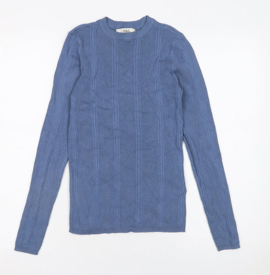 Marks and Spencer Women's Blue Ribbed Crew Neck Jumper Size 8