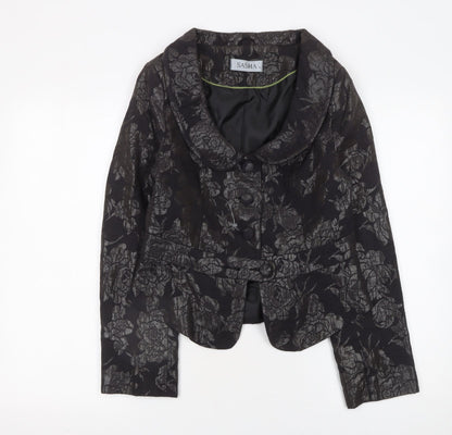 Sasha Womens Black Floral Jacquard Blazer Size 10 Formal Fitted Jacket