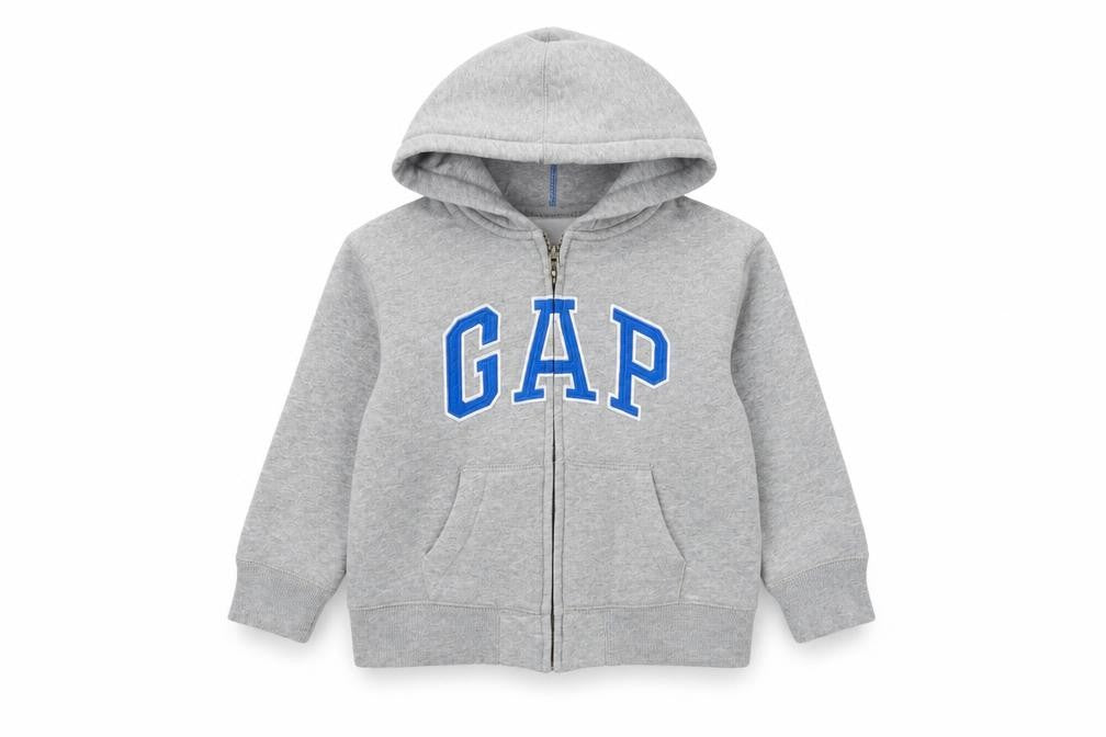 Front view of Gap boys’ grey full zip hoodie 4-5 years hooded fleece logo sweatshirt