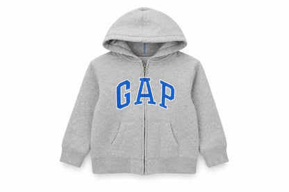 Front view of Gap boys’ grey full zip hoodie 4-5 years hooded fleece logo sweatshirt