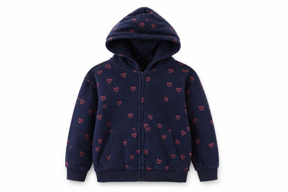 Front view of Marks & Spencer girls’ blue heart print full zip hoodie 4-5 years