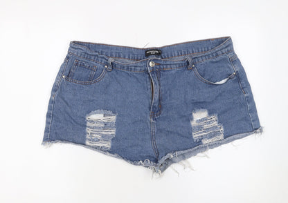 PrettyLittleThing Women Blue Denim Distressed Cut-Off Shorts Size 20