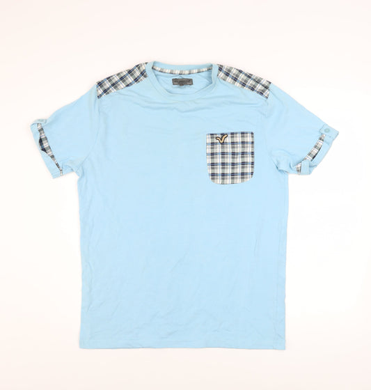 Voi Jeans Co. Men's Blue Check Detail Crew Neck T-Shirt Size M