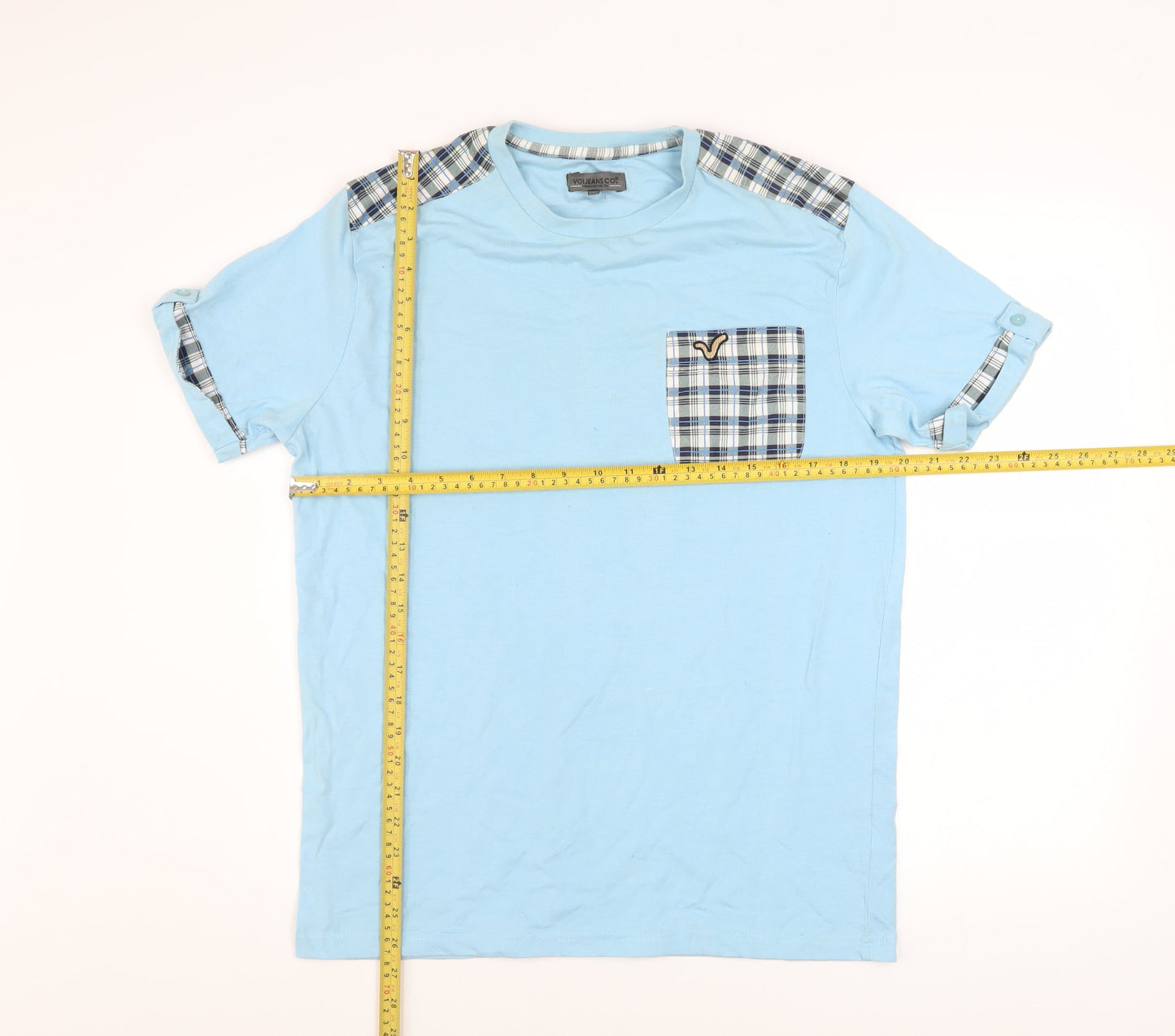 Voi Jeans Co. Men's Blue Check Detail Crew Neck T-Shirt Size M