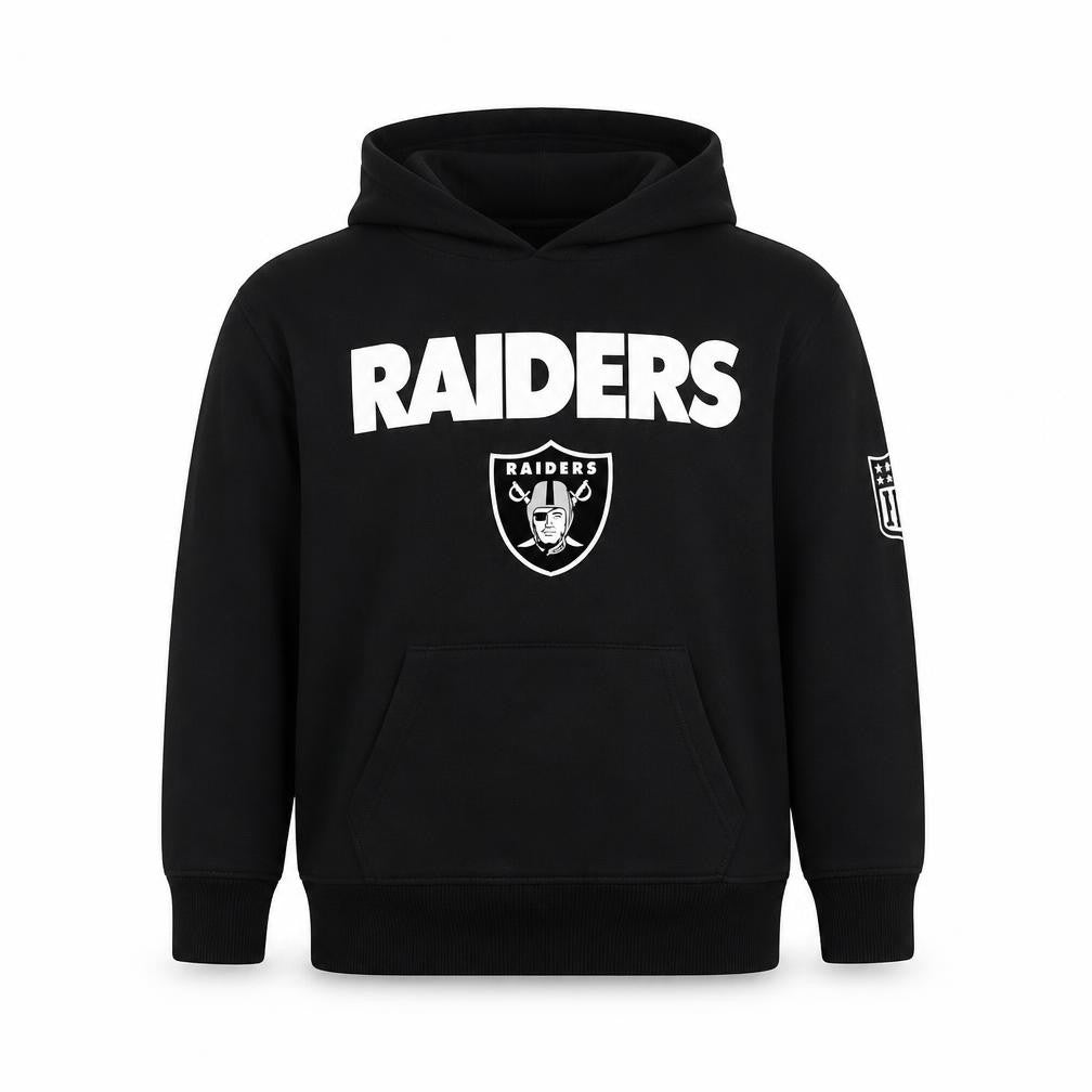 Front view of NFL Team Apparel boys’ black raiders pullover fleece hoodie 9-10 years
