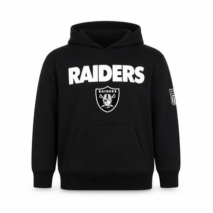 Front view of NFL Team Apparel boys’ black raiders pullover fleece hoodie 9-10 years