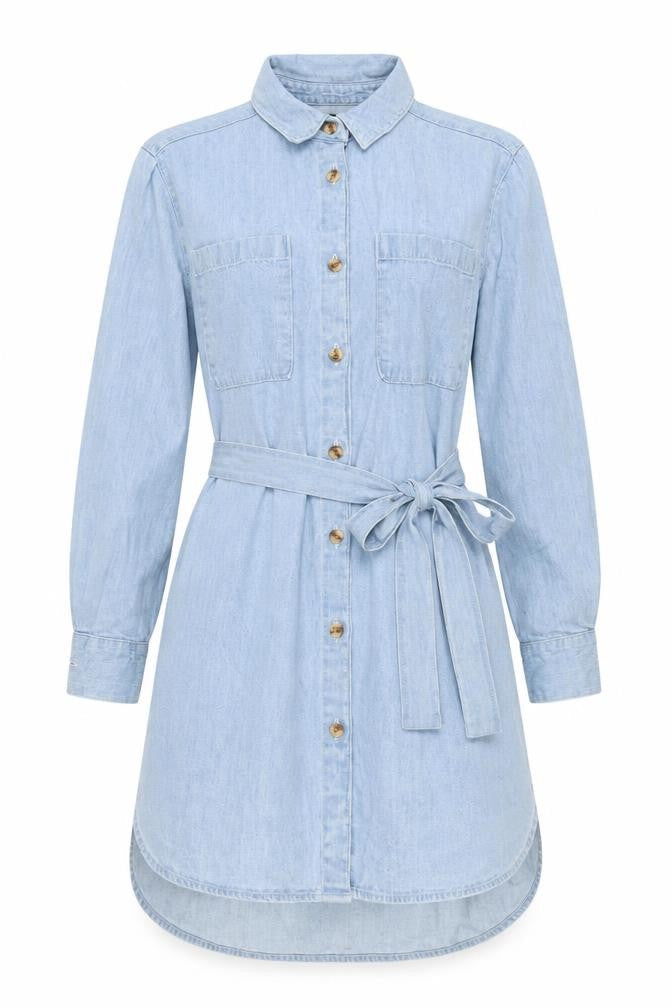 Front view of ASOS DESIGN women’s blue denim shirt dress uk 10 long sleeve belted