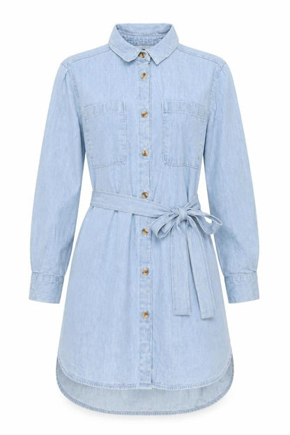 Front view of ASOS DESIGN women’s blue denim shirt dress uk 10 long sleeve belted