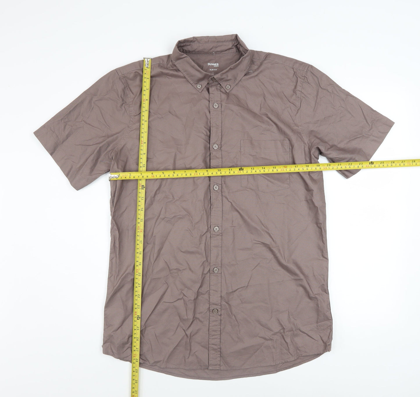 Dunnes Stores Men's Brown Slim Fit Cotton Short Sleeve Shirt L