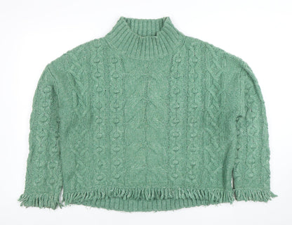 Marks and Spencer Women Green Cable-Knit Roll Neck Fringe Jumper M