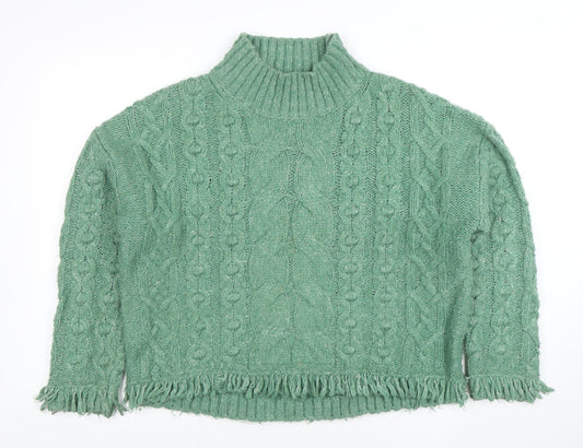 Marks and Spencer Women Green Cable-Knit Roll Neck Fringe Jumper M