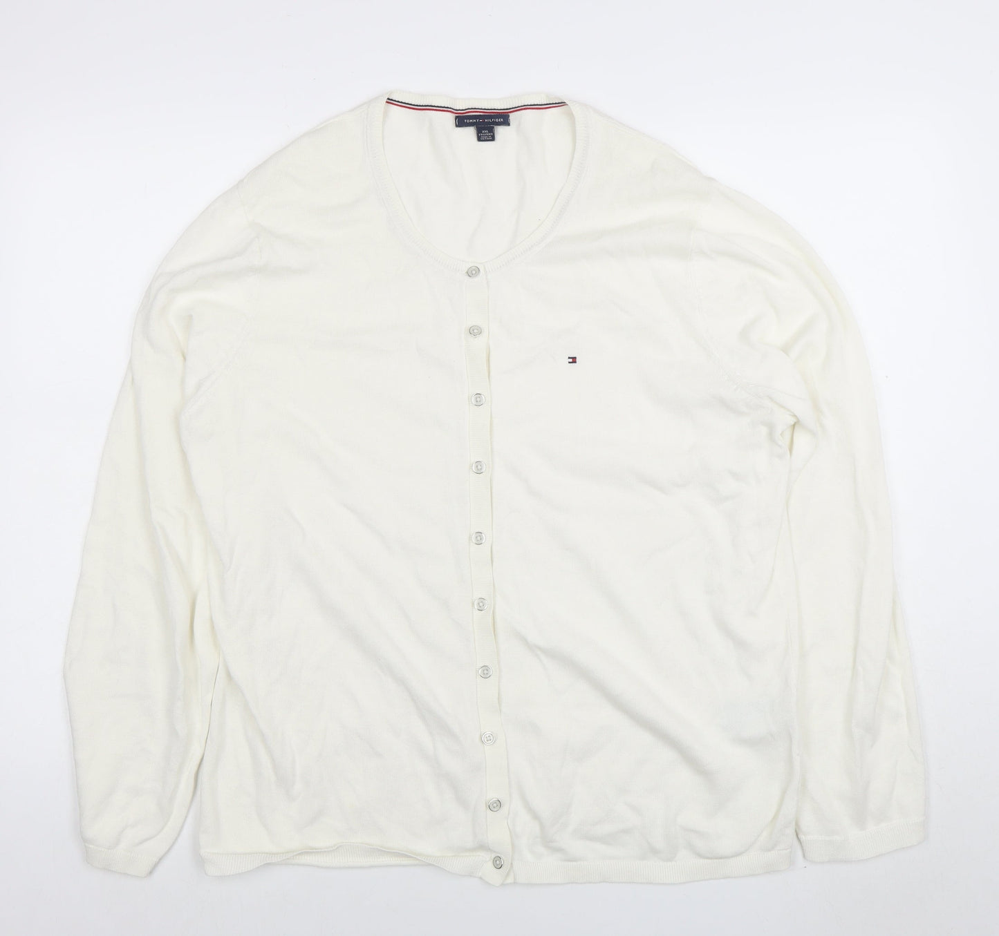 Tommy Hilfiger Womens White Cotton Cardigan 2XL Scoop Neck Knit