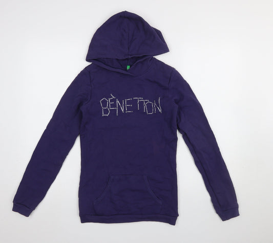Benetton Girls Purple Pullover Hoodie 13-14 Years Logo Cotton