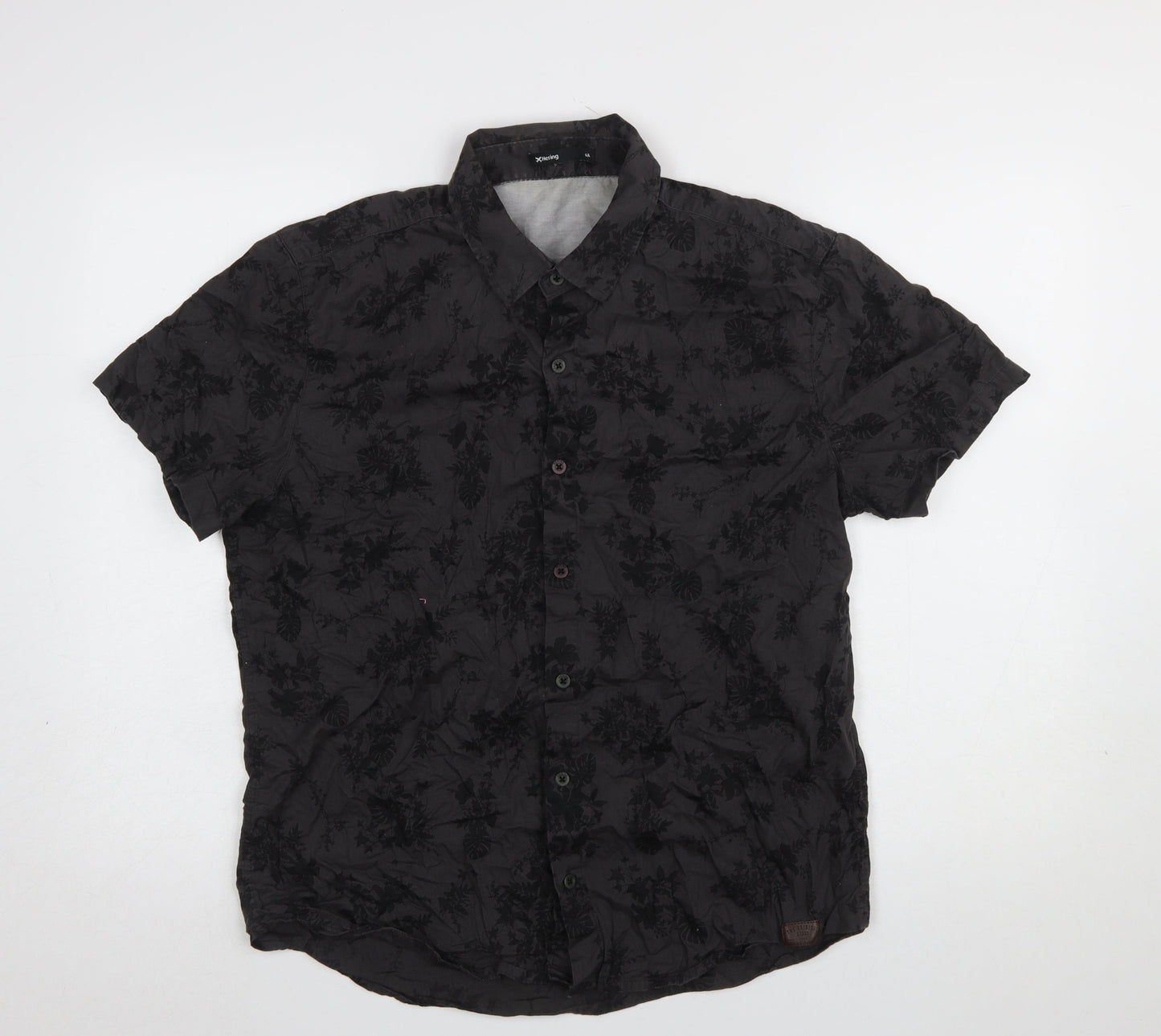 Hering Men's Black Floral Cotton Short Sleeve Button-Up Shirt Size L