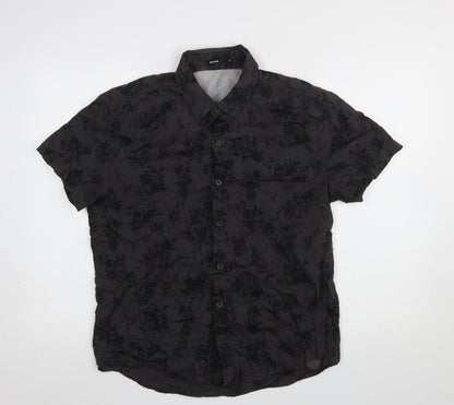 Hering Men's Black Floral Cotton Short Sleeve Button-Up Shirt Size L